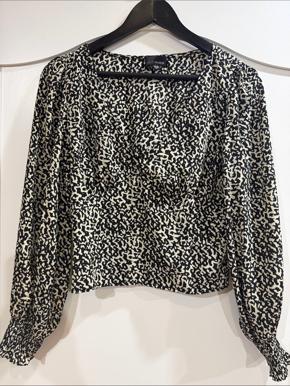 Lucy Paris Black and Ivory Printed Puff Sleeve Blouse